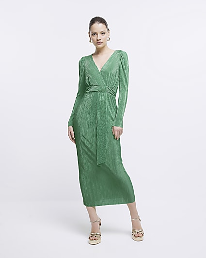 Green plisse wrap bodycon midi dress