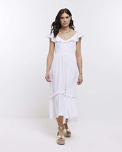 White bardot ruffle midi dress