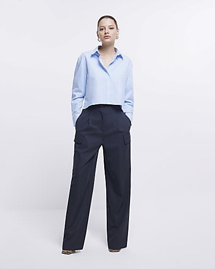 Navy pinstripe wide leg cargo trousers