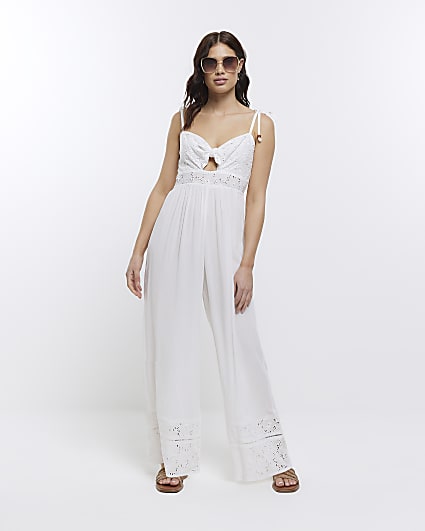 Cream tie front cut out jumpsuit