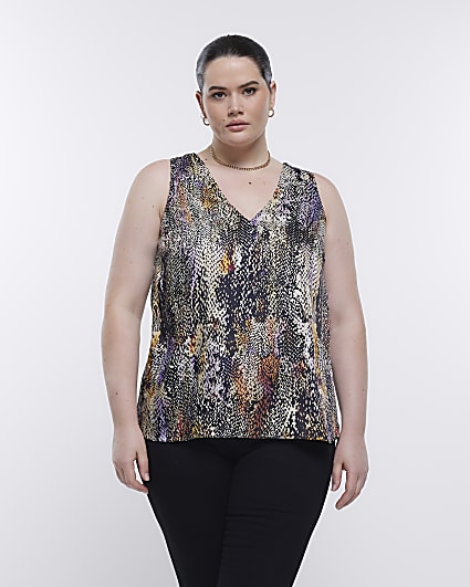 Plus black animal print satin top