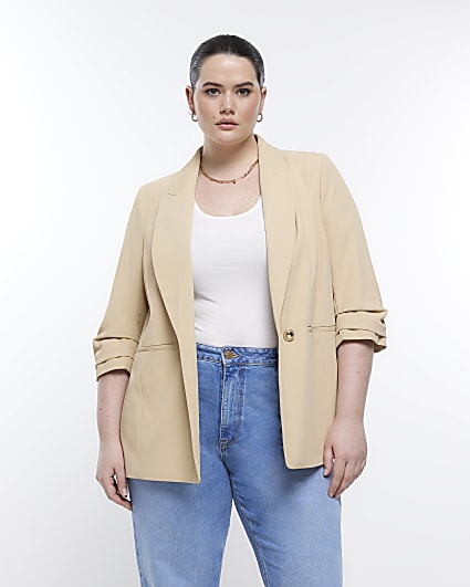 Plus beige ruched sleeve blazer