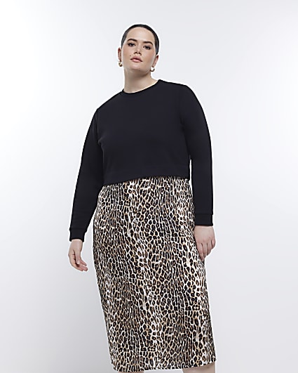 Plus black leopard sweatshirt midi dress