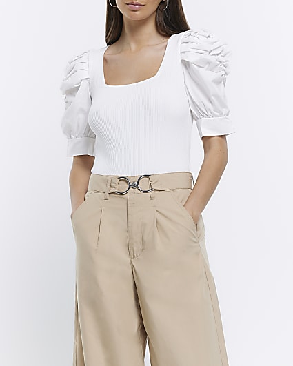 White ruched short sleeve top