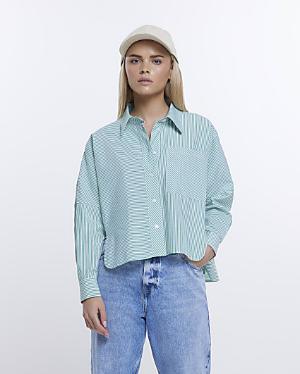 Petite green stripe oversized shirt