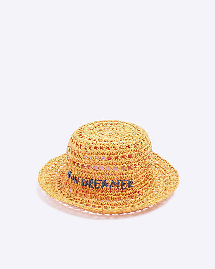 Orange sun dreamer straw crochet bucket hat