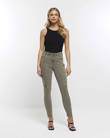 Khaki mid rise super skinny jeans