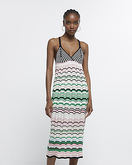 Green crochet stripe midi dress