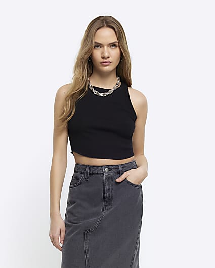 Black ribbed crop racer top