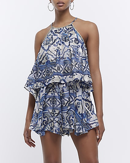 Blue tile print tiered playsuit