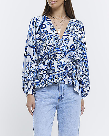 Blue patterned wrap top