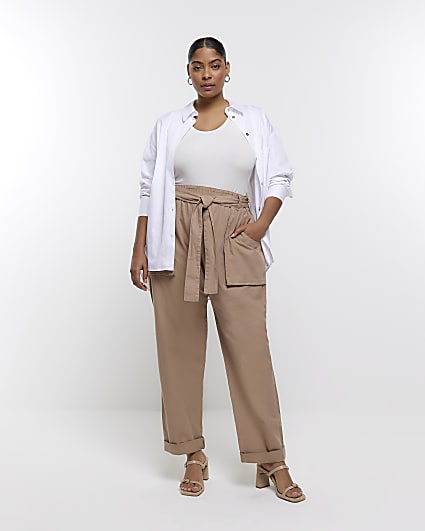 Plus Beige Linen Draw string Cargo Trousers