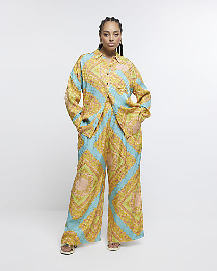 Plus yellow print wide leg trousers