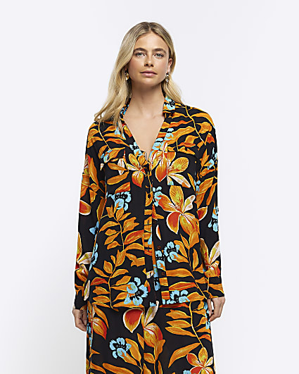 Black Tropical Print Oversized Shirt