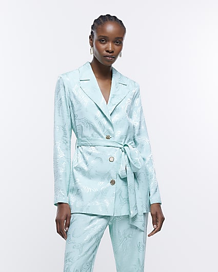 Turquoise Jacquard Tie Waist Blazer