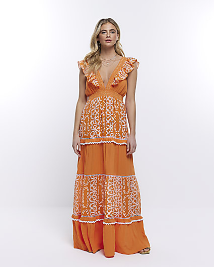 Orange floral frill detail beach maxi dress