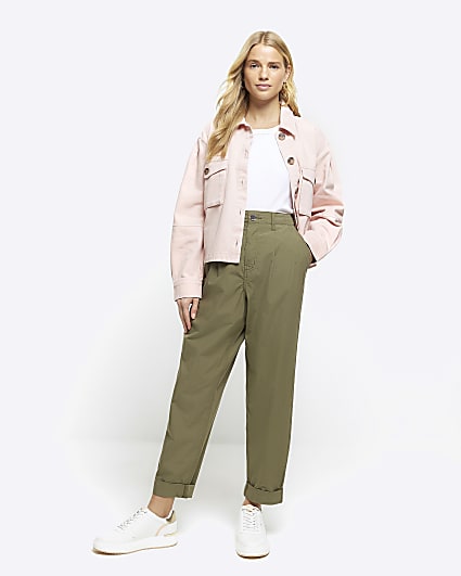 Khaki High Waisted Tapered Trousers