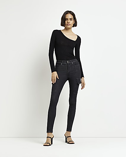 Black mid rise cargo skinny jeans