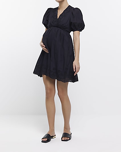 Maternity black broderie skater mini dress