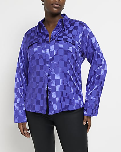 Plus purple textured satin long sleeve shirt