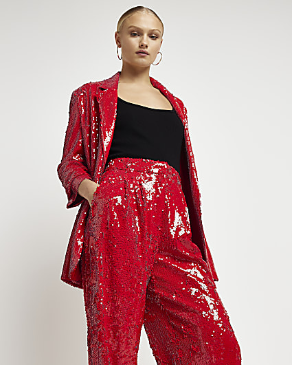 Red sequin wide leg trousers