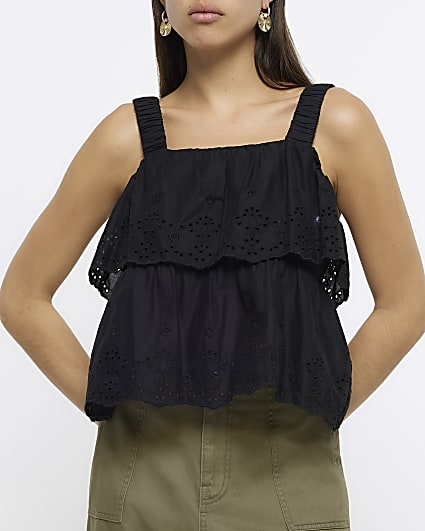 Black layered broderie cami top