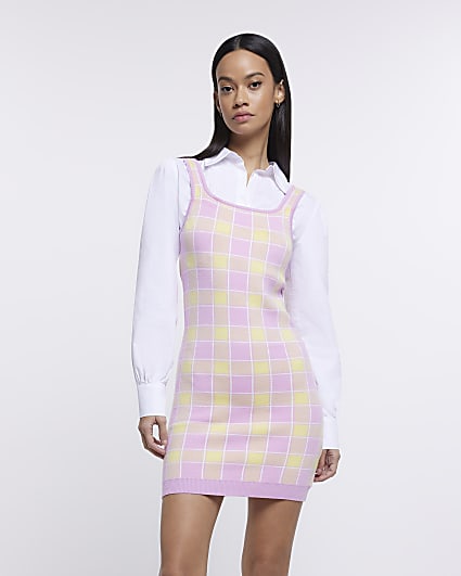 Pink check knit mini jumper shirt dress