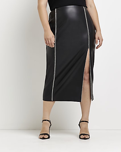 Plus black faux leather diamante midi skirt