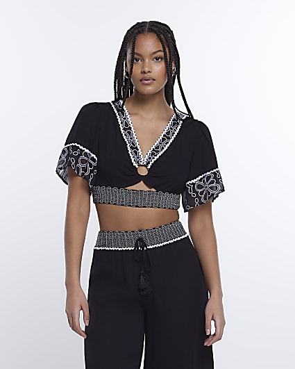 Black floral cut out crop top