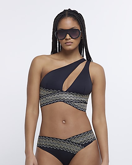 Black shirred asymmetric bikini top