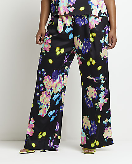 Plus black floral wide leg trousers