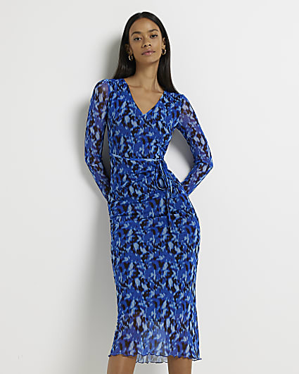 Blue print belted midi bodycon dress