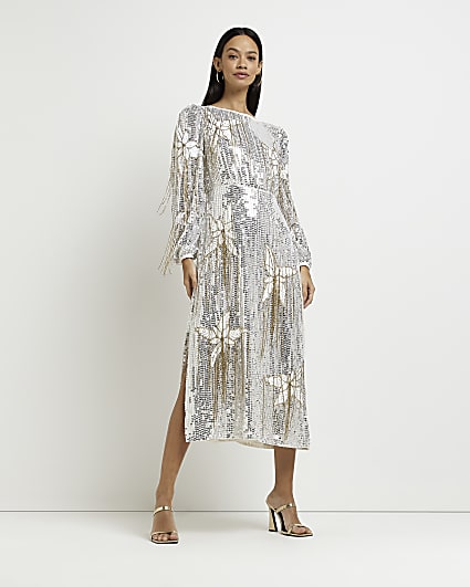 Silver floral sequin long sleeve midi dress