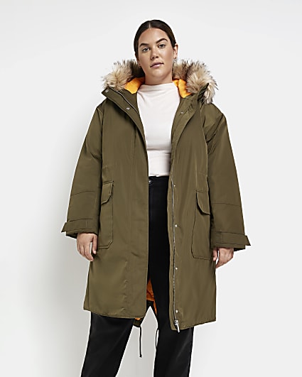 Plus khaki faux fur hooded parka coat