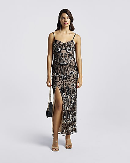 Black sequin floral bodycon maxi dress