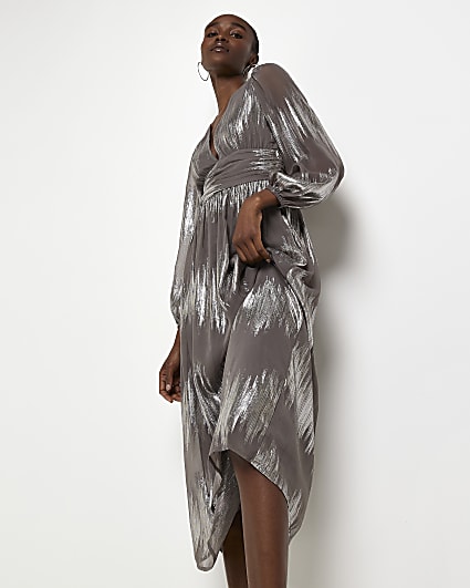 Silver stripe long sleeve midi dress
