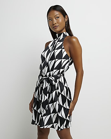 Petite black satin printed mini dress