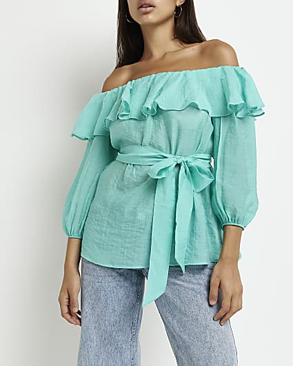 Blue frill bardot top