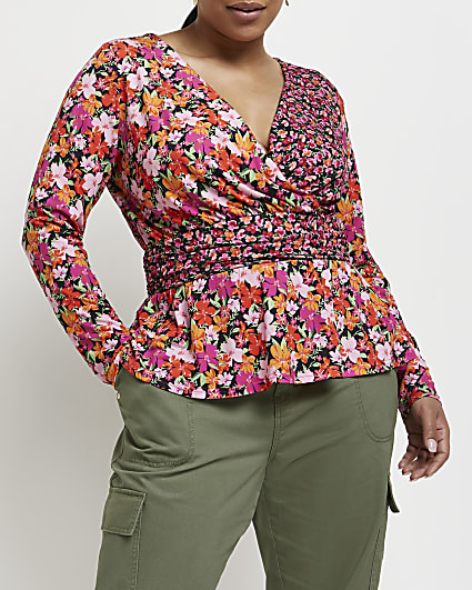 Plus pink floral wrap top