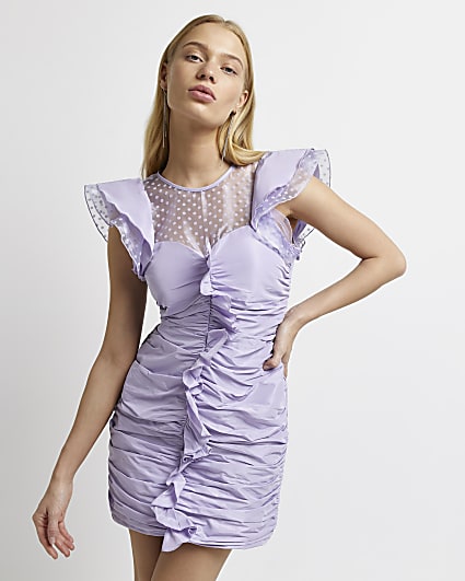 Petite purple mesh frill mini dress