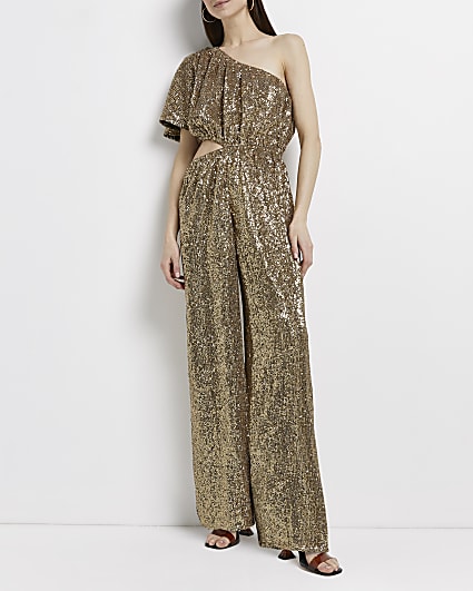 Gold sequin one shoulder cut out jumpsuit