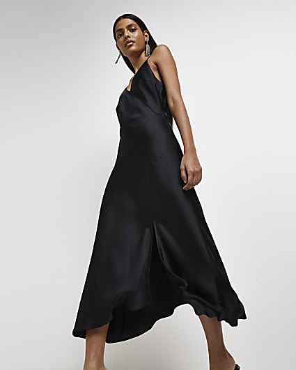 Black asymmetric slip midi dress