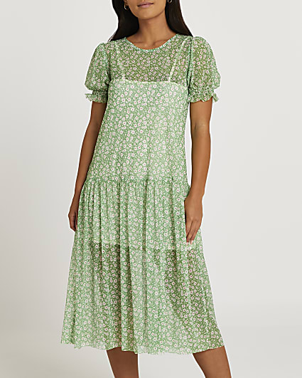 Petite green floral print smock midi dress