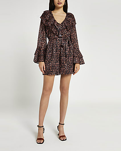 Brown animal print ruffled playsuit