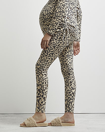 Beige leopard print maternity leggings