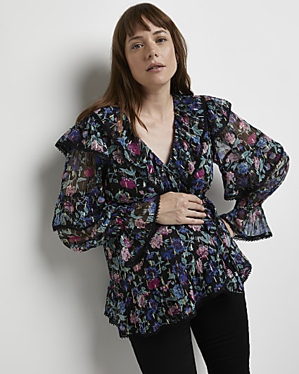 Black floral print maternity blouse