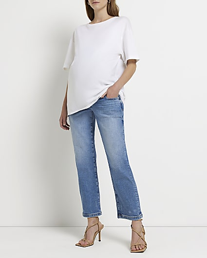 Blue mid rise maternity straight leg jeans