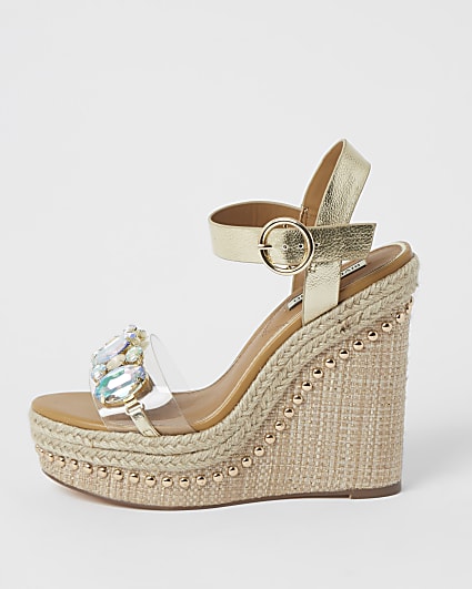 Beige embellished perspex wedge sandals