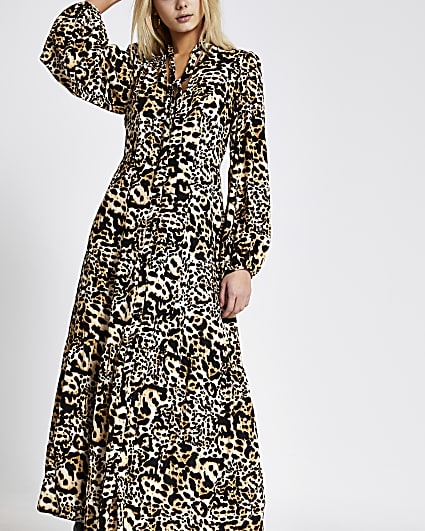 Beige leopard print tie neck midi dress