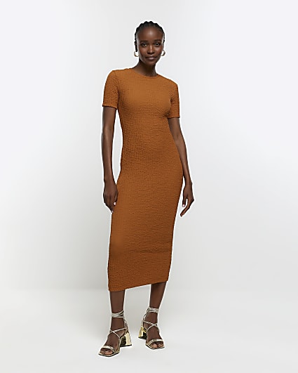 Brown textured short sleeve dress